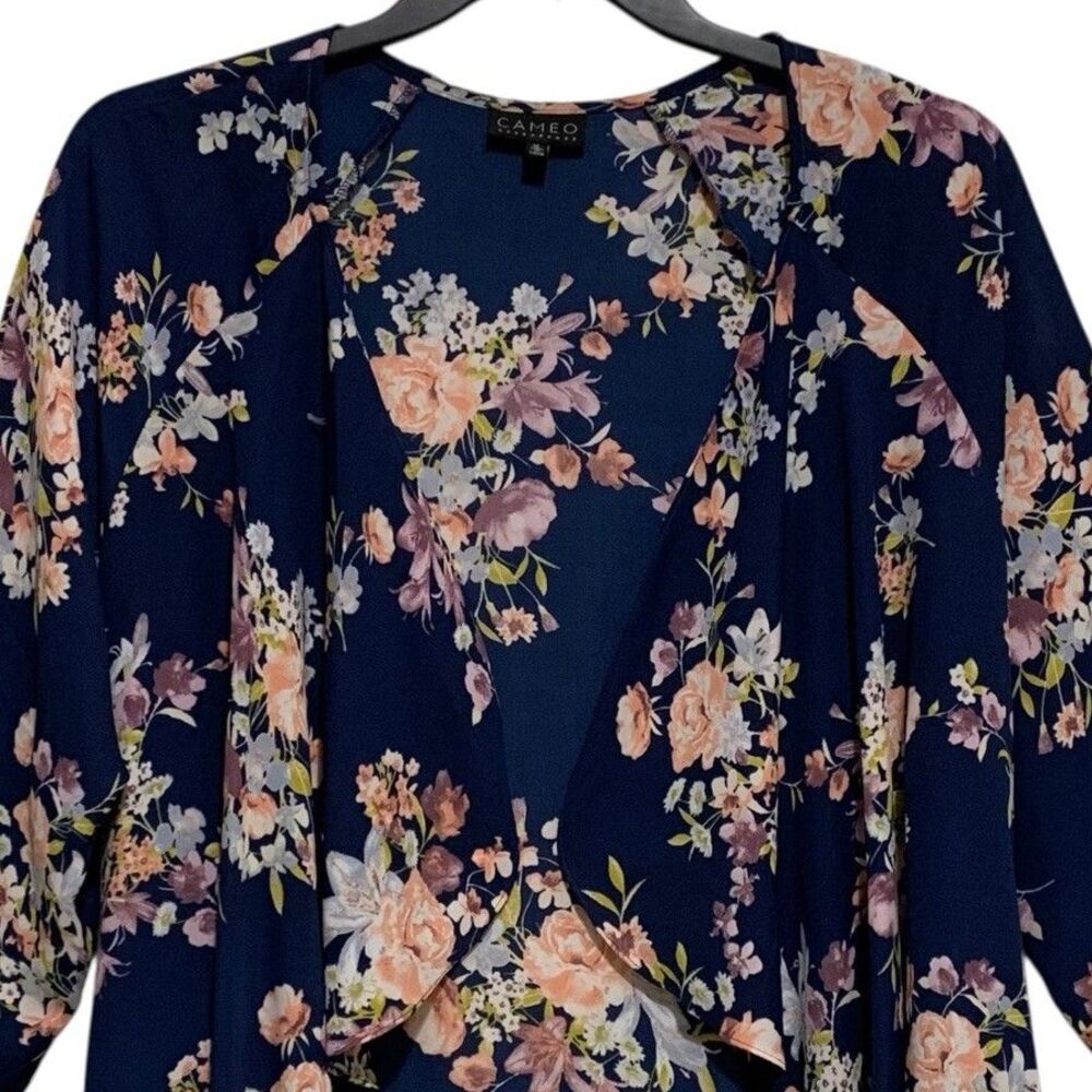 Cameo Kimono Open Front Womens Size 1X Navy Blue Floral 3/4 Sleeve Semi-Sheer - Picture 2 of 11